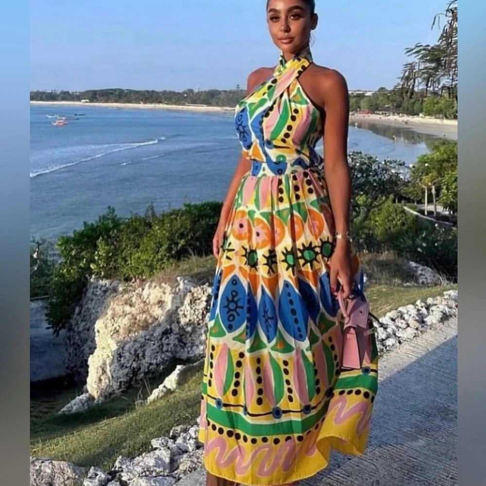 Zara top cropped halter multicolor printed summer blouse - Picture 3 of 8